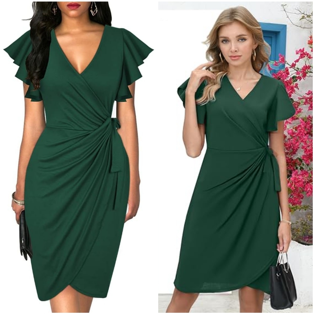 NWT G&Y Dark Green V Ruched Tie Waist Wrap Short Sleeve Cocktail Midi Dress XL